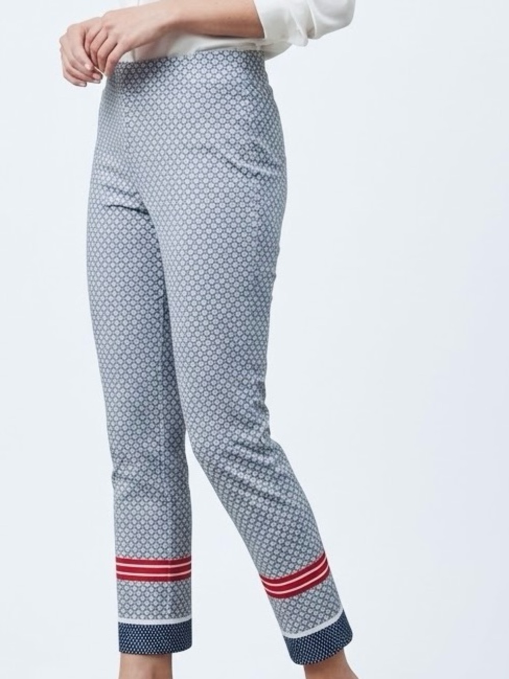 CHARTER CLUB Stretchy Cropped Ankle Ponte Pants White & Blue w Red Stripes — LHP